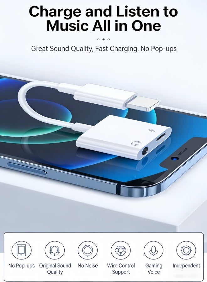YINPAGE Lightning to 3.5mm Adapter  [ MFi Certified] | 2-in-1 Charger & Aux Splitter Dongle | No Pop-Up for iPhone 14 13 12 11 XS XR 8 7 Series （White Bluetooth model） - Image 2